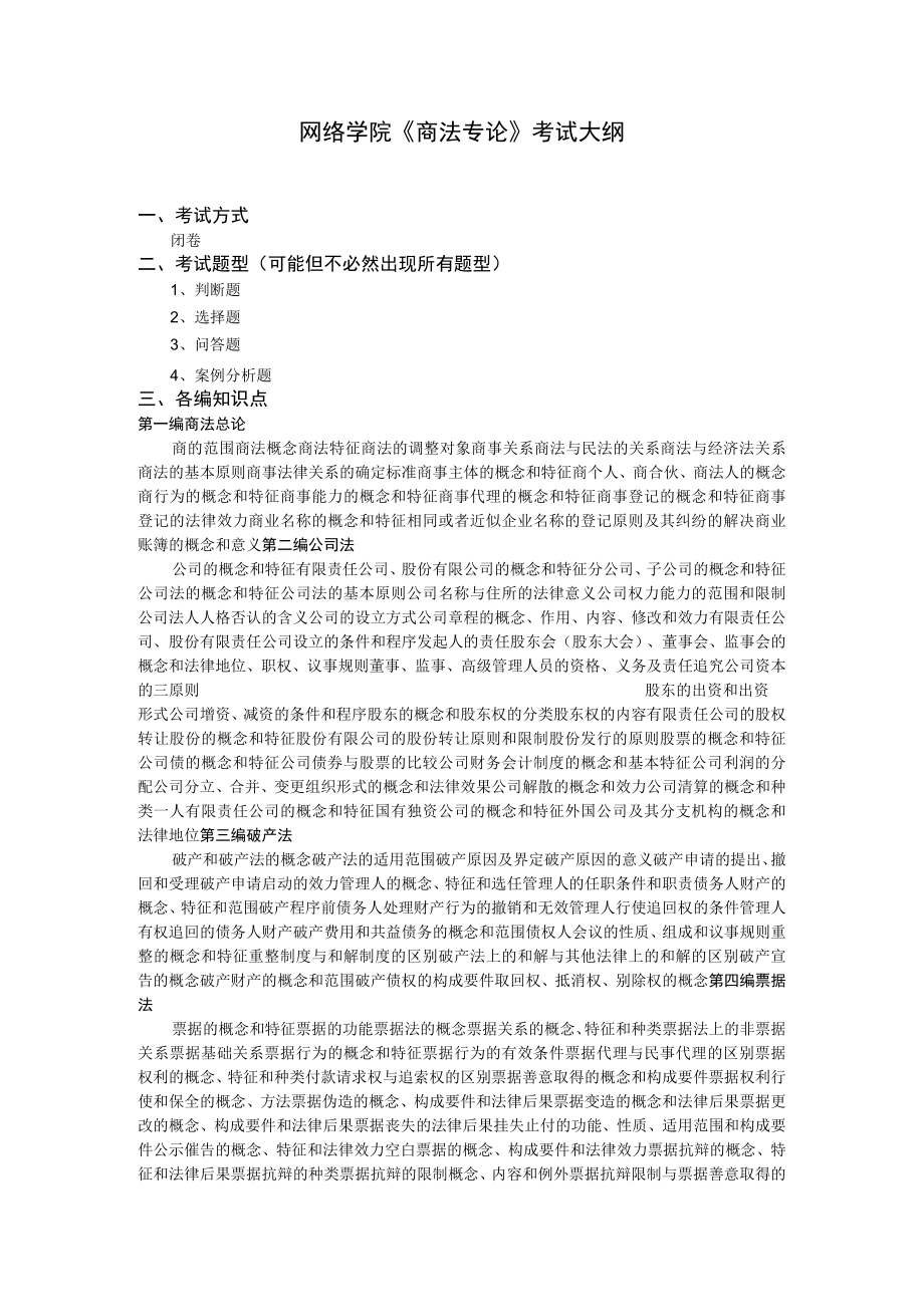 网络学院《商法专论》考试大纲.docx_第1页