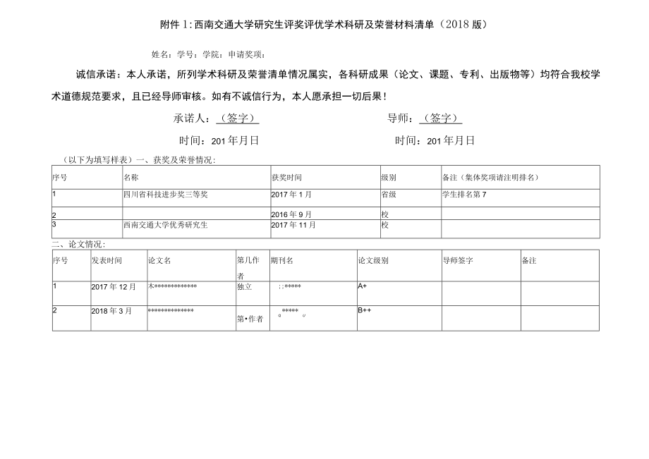 西南交通大学研究生评奖评优学术科研及荣誉材料清单2018版.docx_第1页