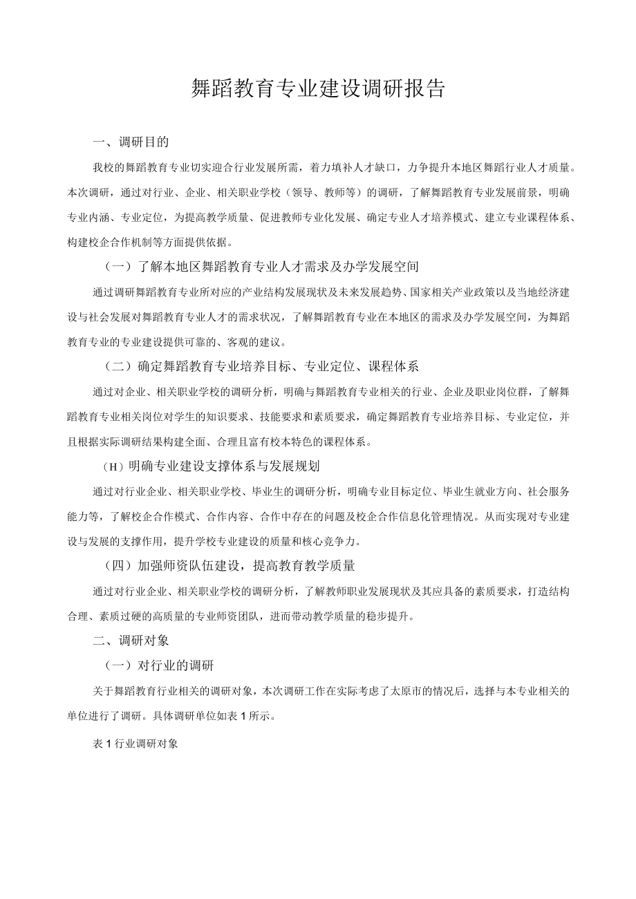 舞蹈教育专业建设调研报告.docx_第1页