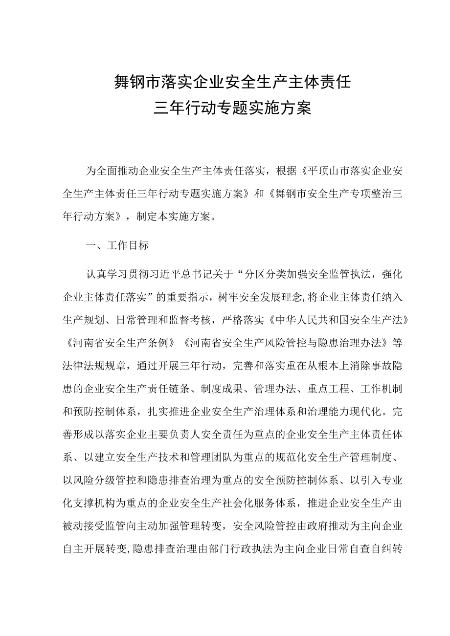 舞钢市落实企业安全生产主体责任三年行动专题实施方案.docx_第1页