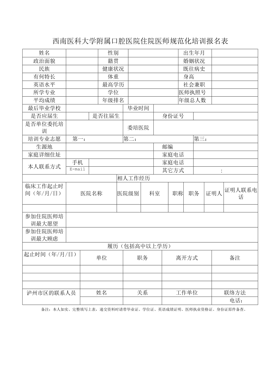 西南医科大学附属口腔医院住院医师规范化培训报名表.docx_第1页