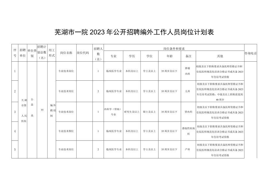 芜湖市一院2023年公开招聘编外工作人员岗位计划表.docx_第1页