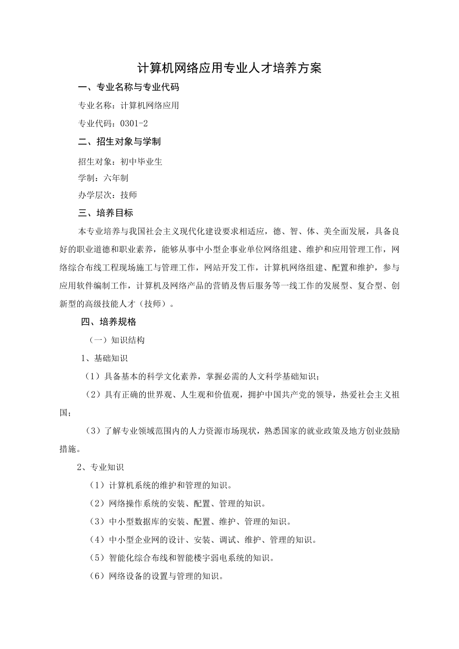 计算机网络应用专业人才培养方案.docx_第1页