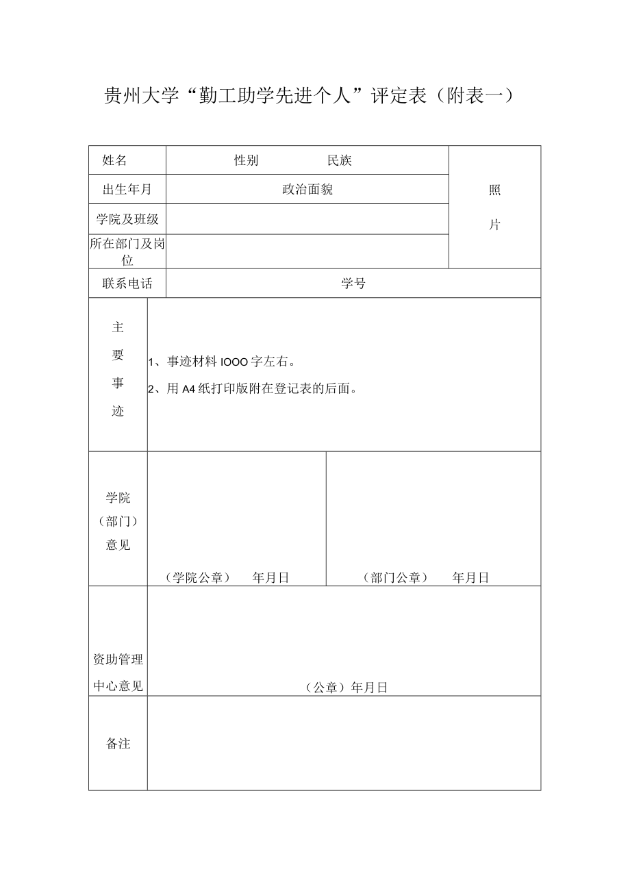 贵州大学勤工助学先进个人评定表附表一.docx_第1页