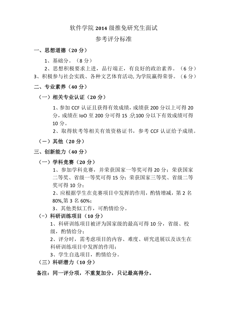 软件学院2014级推免研究生面试参考评分标准.docx_第1页