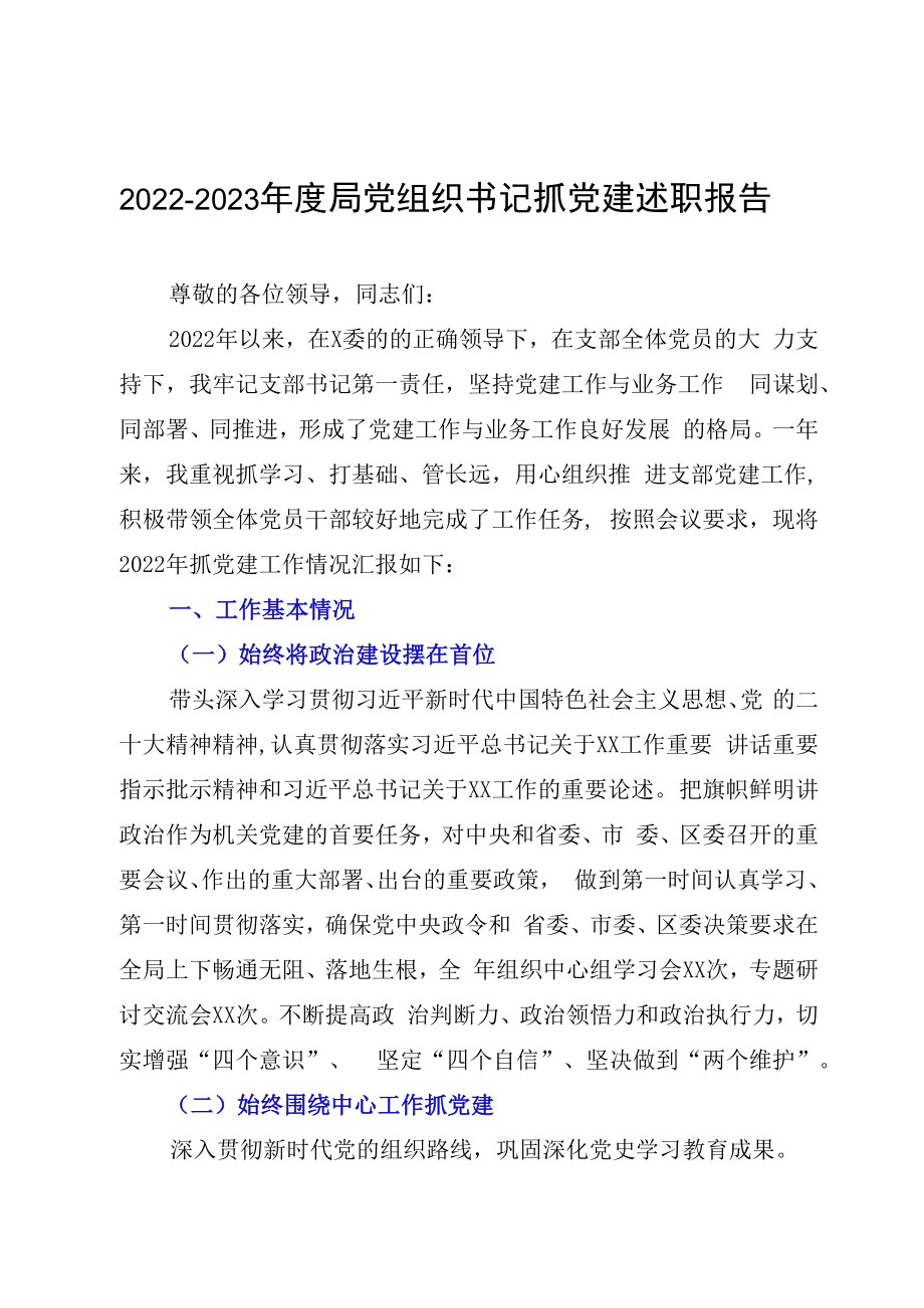 20232023年度局党组织书记抓党建述职报告.docx_第1页