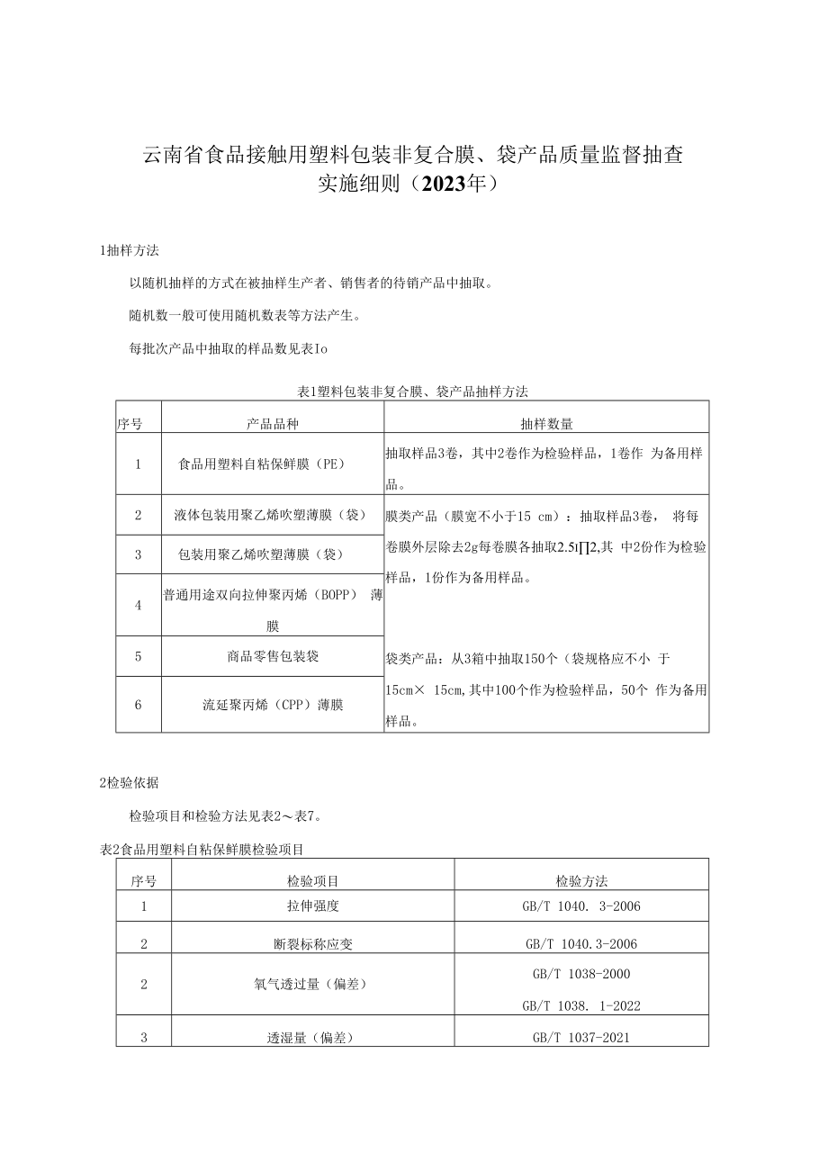 0102023年云南省食品接触用塑料包装非复合膜袋产品质量监督抽查实施细则.docx_第1页