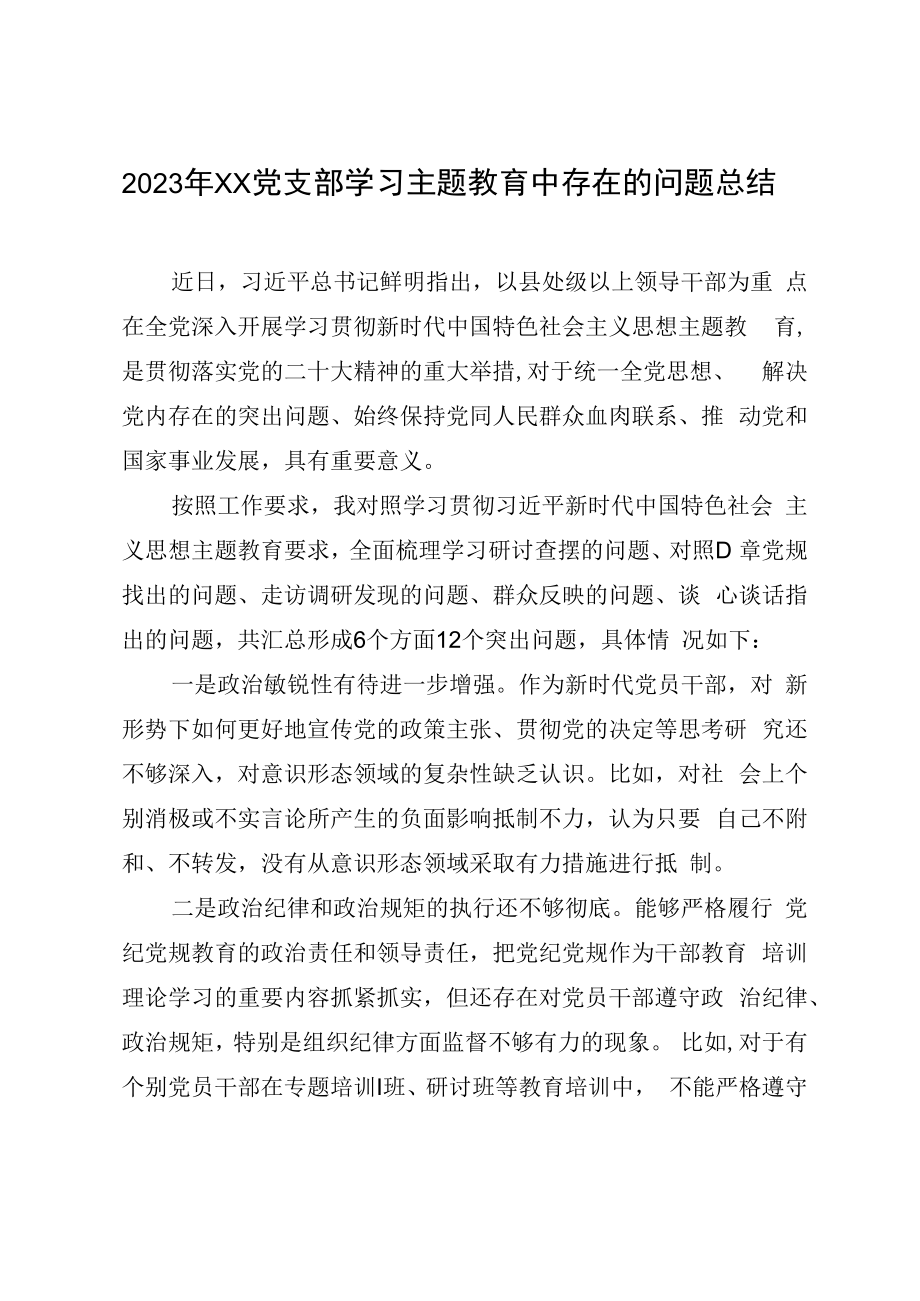 2023年XX党支部学习主题教育中存在的问题总结.docx_第1页