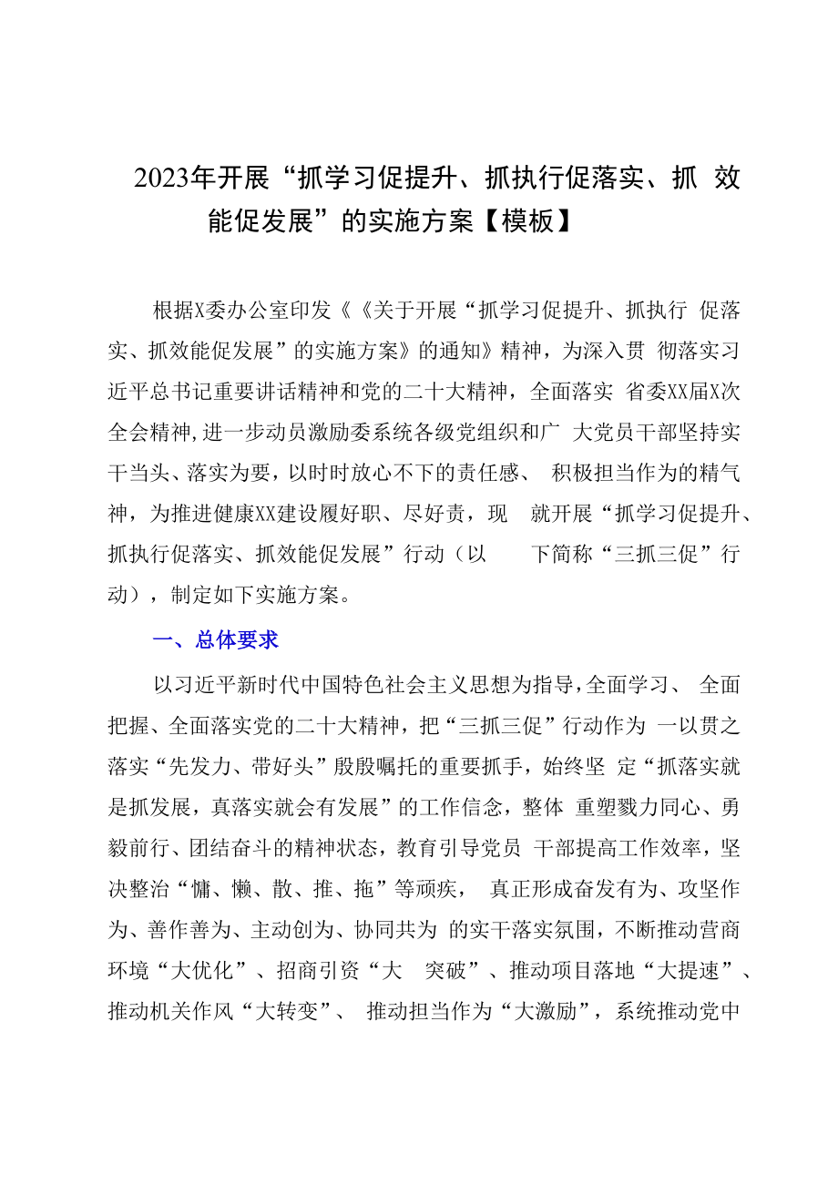 2023年开展抓学习促提升抓执行促落实抓效能促发展的实施方案模板.docx_第1页