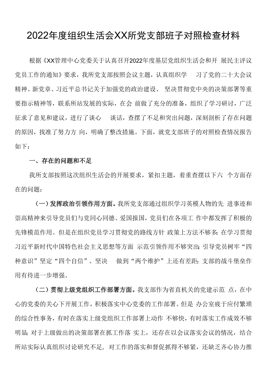 2023年度组织生活会xx所党支部班子对照检查材料.docx_第1页