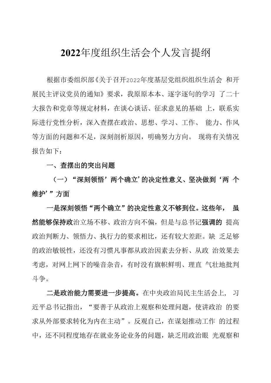 2023年度组织生活会个人发言提纲两篇.docx_第1页