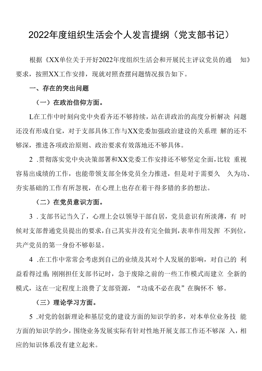 2023年度组织生活会个人发言提纲党支部书记).docx_第1页