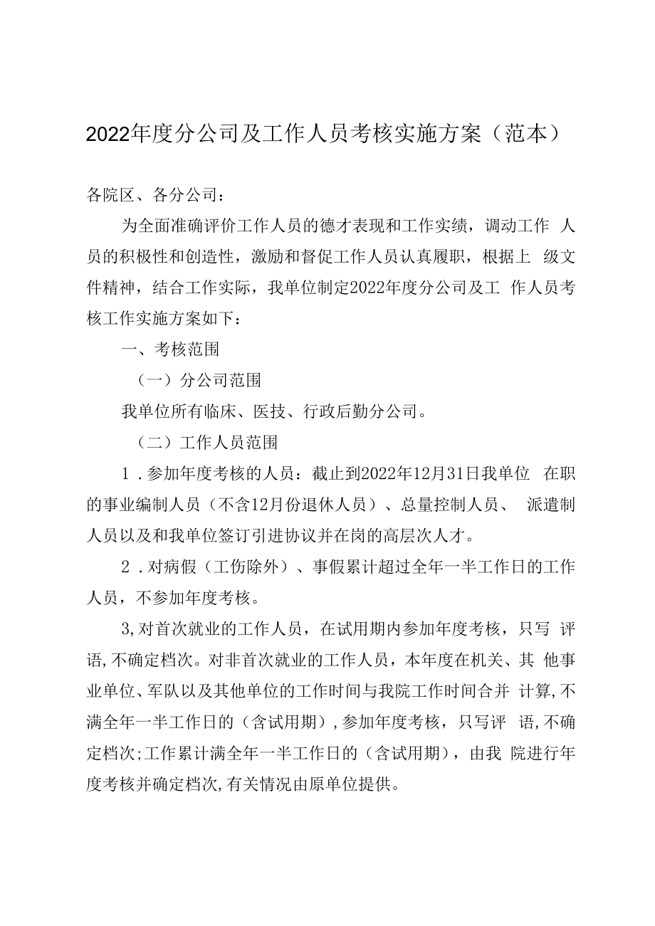 2023年度分公司及工作人员考核实施方案范本41216.docx_第1页