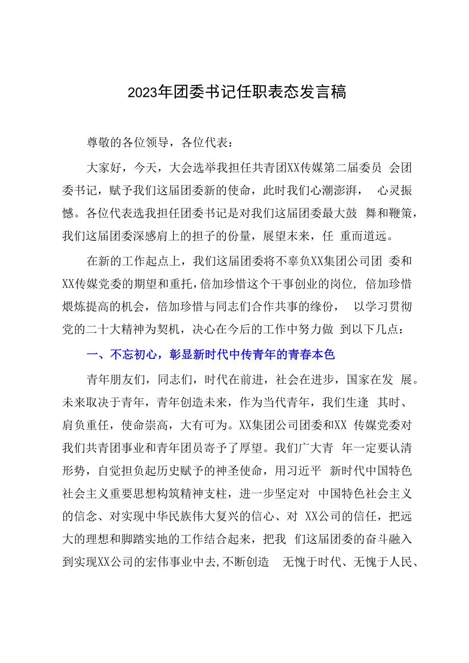 2023年团委书记任职表态发言稿.docx_第1页