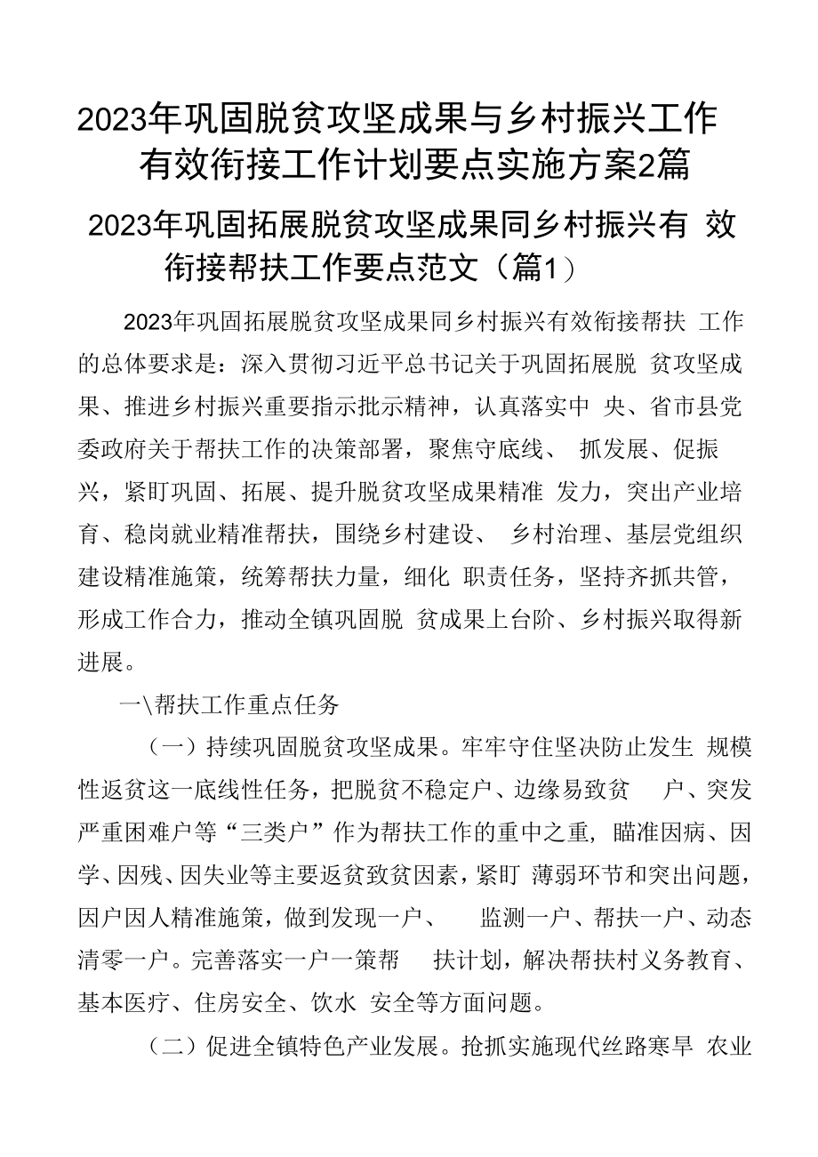 2023年巩固脱贫攻坚成果与乡村振兴工作有效衔接工作计划要点实施方案2篇.docx_第1页