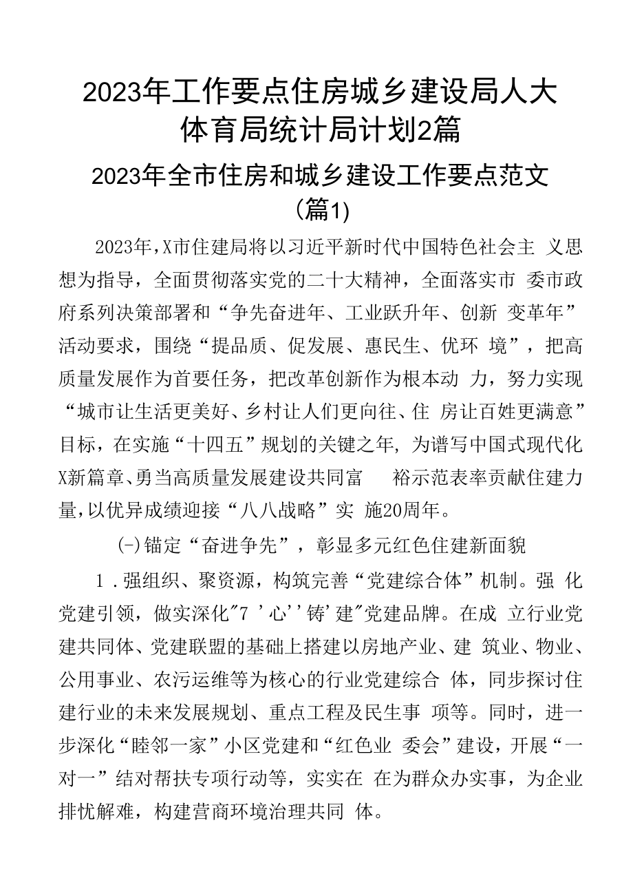 2023年工作要点住房城乡建设局人大体育局统计局计划2篇.docx_第1页