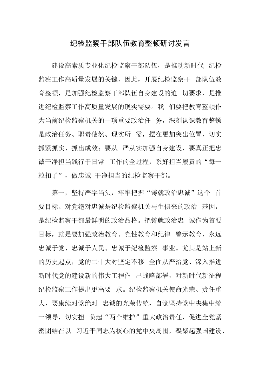 2023年纪检监察干部队伍教育整顿专题学习培训研讨发言参考范文2篇.docx_第1页