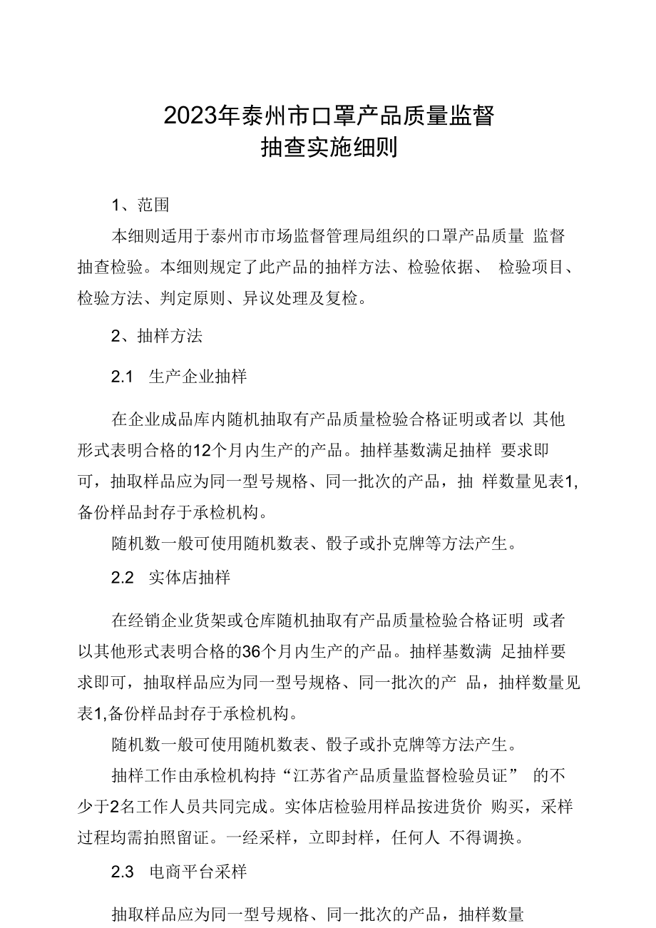 2023年泰州市市级产品质量监督抽查实施细则口罩.docx_第1页