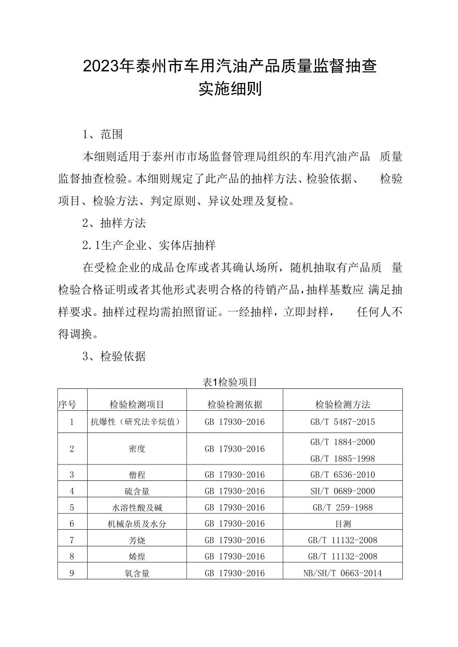 2023年泰州市市级产品质量监督抽查实施细则车用汽油.docx_第1页