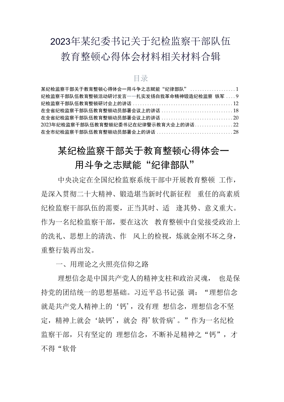 2023年某纪委书记关于纪检监察干部队伍教育整顿心得体会材料相关材料合辑.docx_第1页