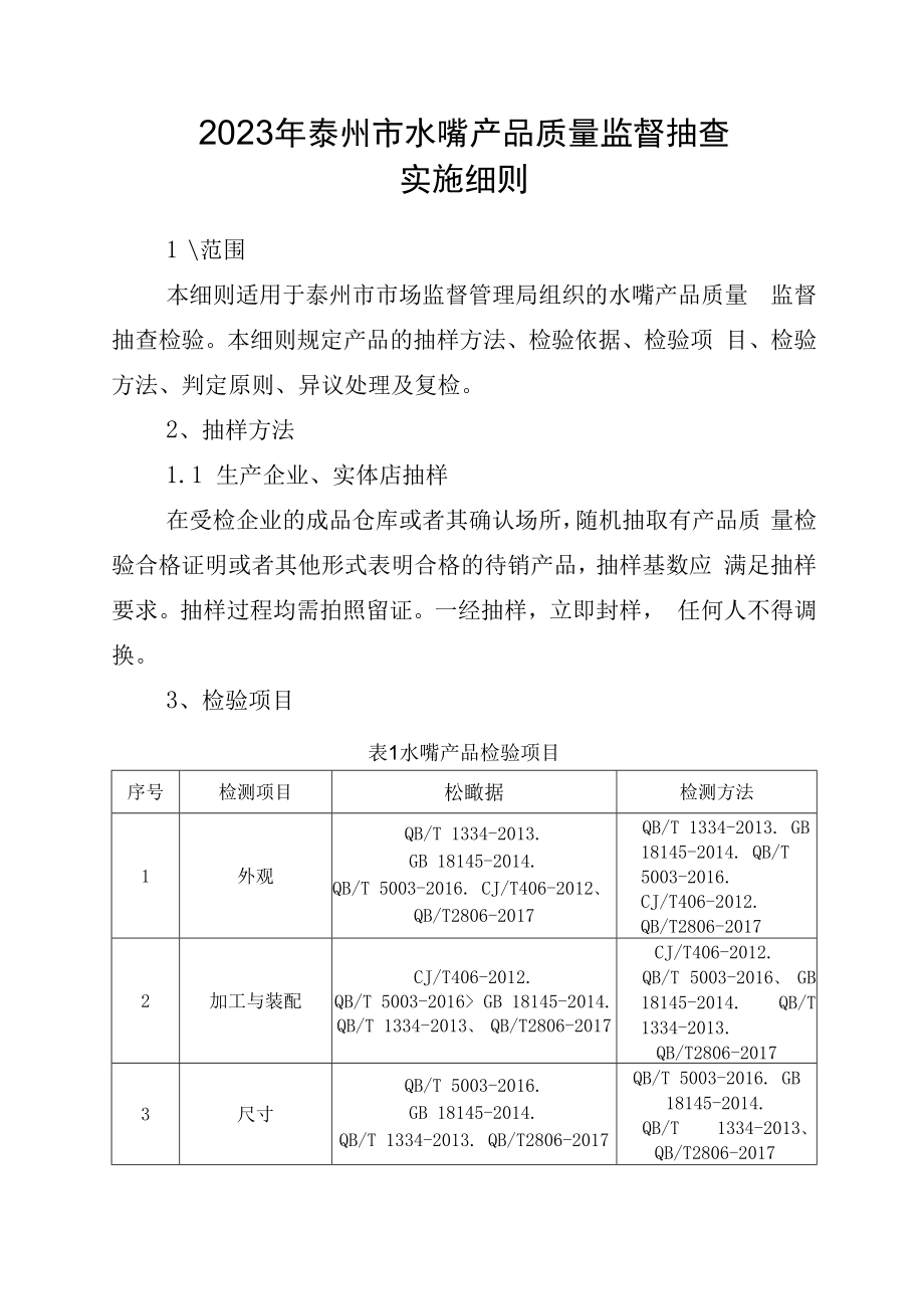 2023年泰州市市级产品质量监督抽查实施细则水嘴.docx_第1页