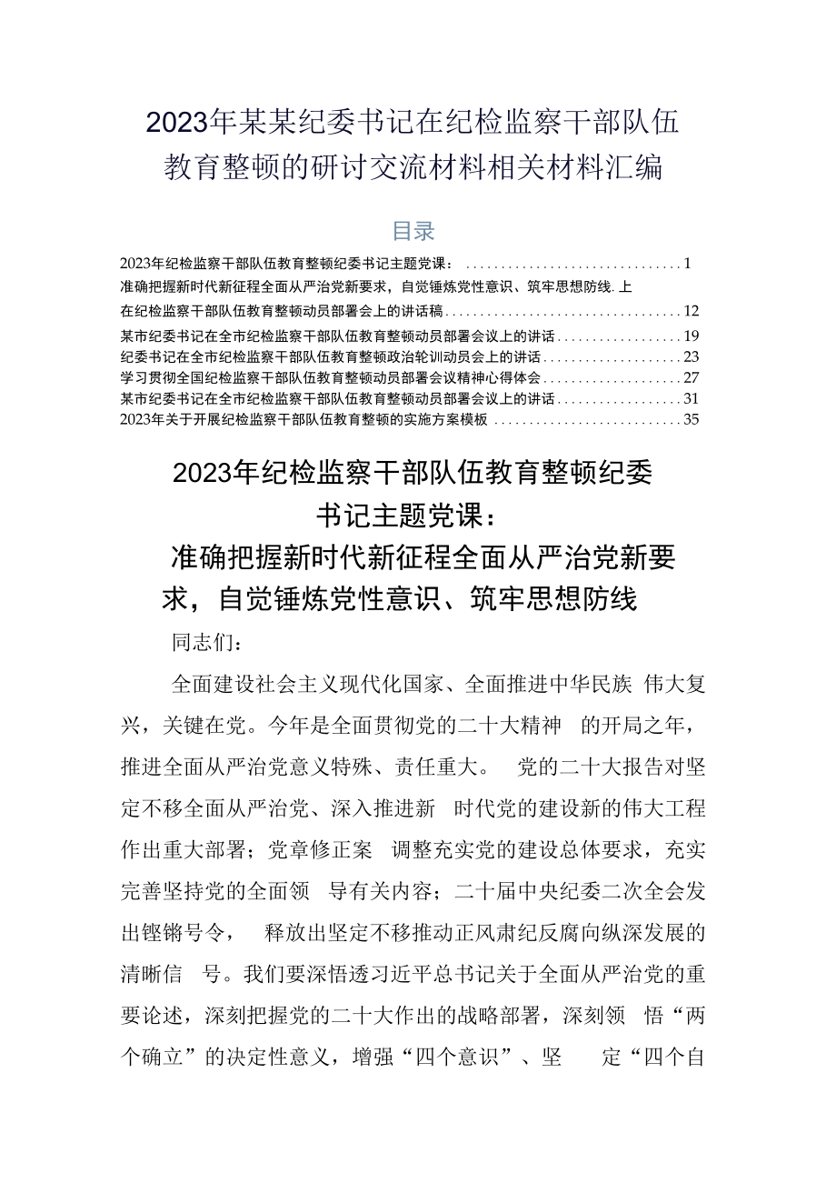 2023年某某纪委书记在纪检监察干部队伍教育整顿的研讨交流材料相关材料汇编.docx_第1页