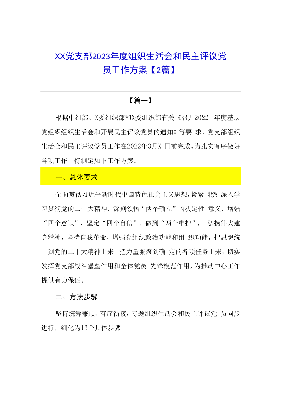 2篇XX党支部2023年度组织生活会和民主评议党员工作方案.docx_第1页