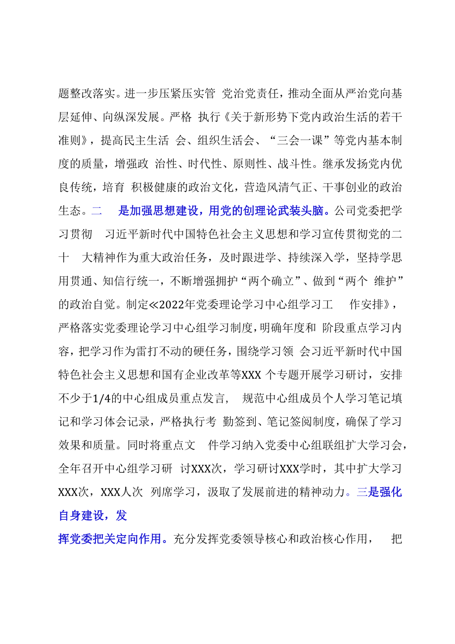 XX公司党委2023年度落实全面从严治党主体责任情况报告模板.docx_第2页