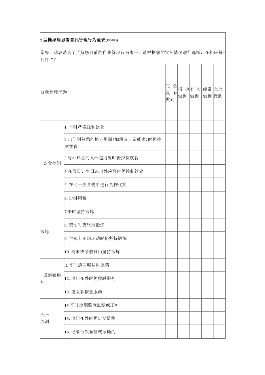 2型糖尿病患者自我管理行为量表（DSCS）.docx_第1页