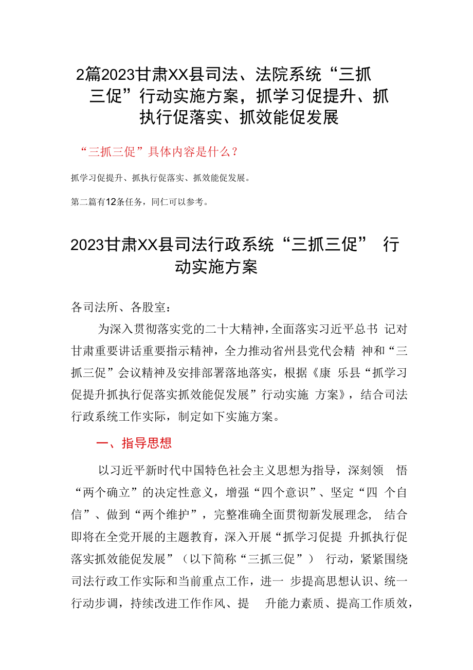 2篇2023甘肃XX县司法法院系统三抓三促行动实施方案抓学习促提升抓执行促落实抓效能促发展.docx_第1页