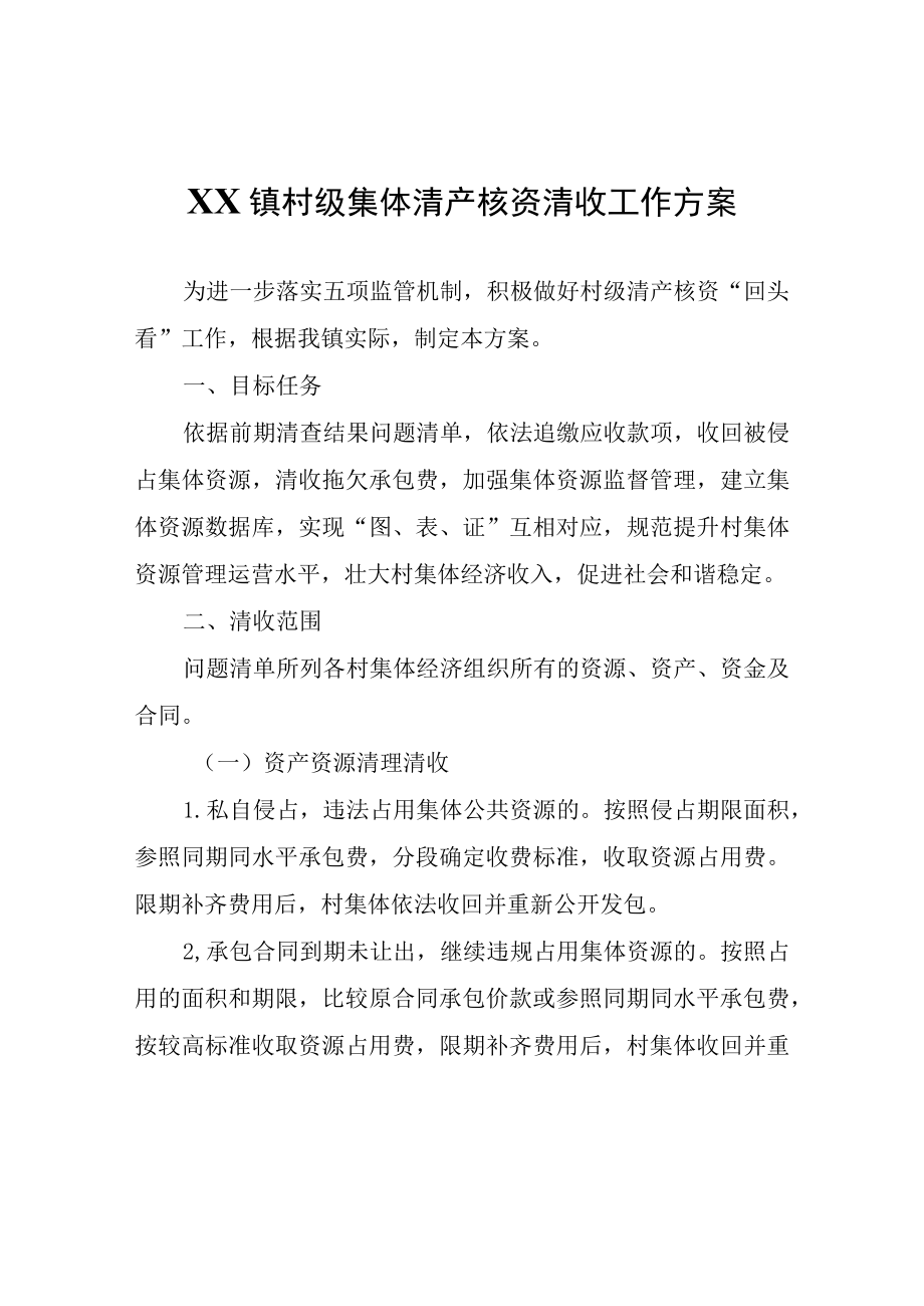 XX镇村级集体清产核资清收工作方案.docx_第1页