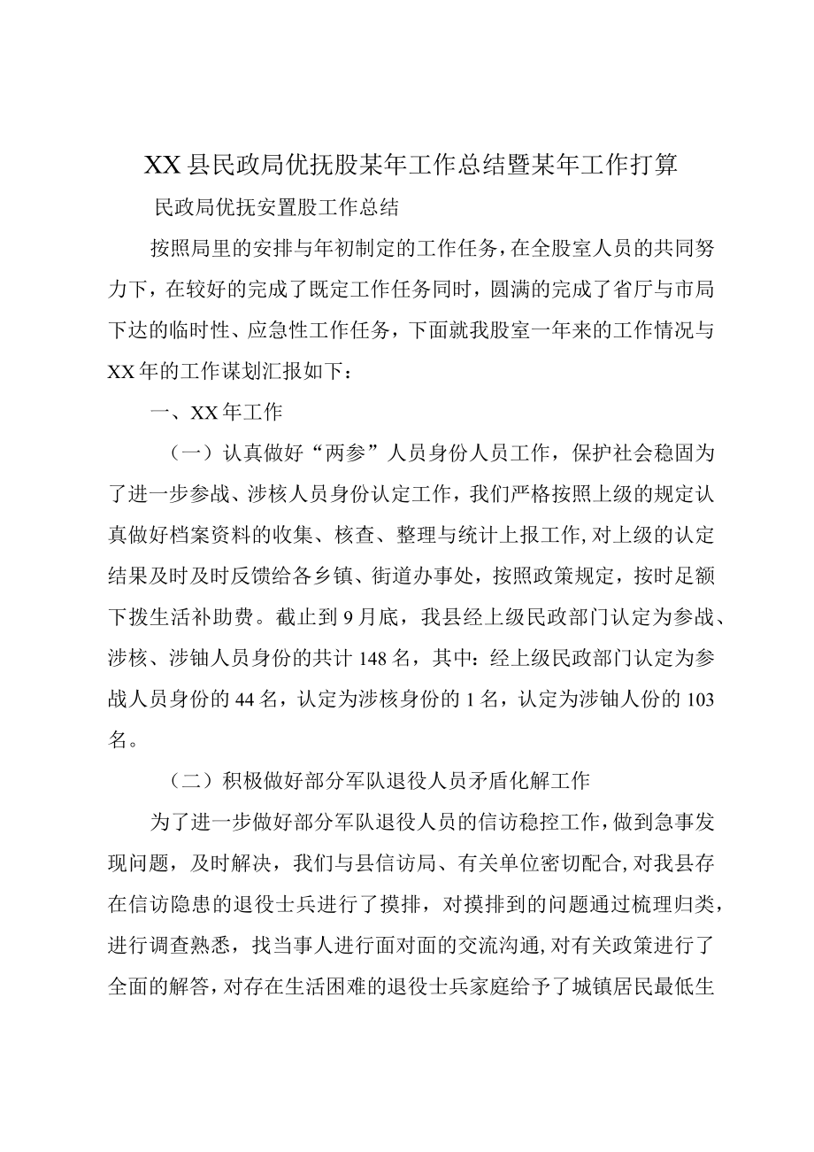 XX县民政局优抚股某年工作总结暨某年工作打算.docx_第1页