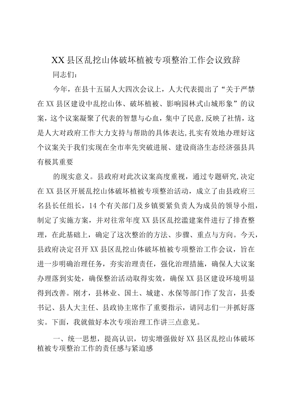 XX县区乱挖山体破坏植被专项整治工作会议致辞.docx_第1页