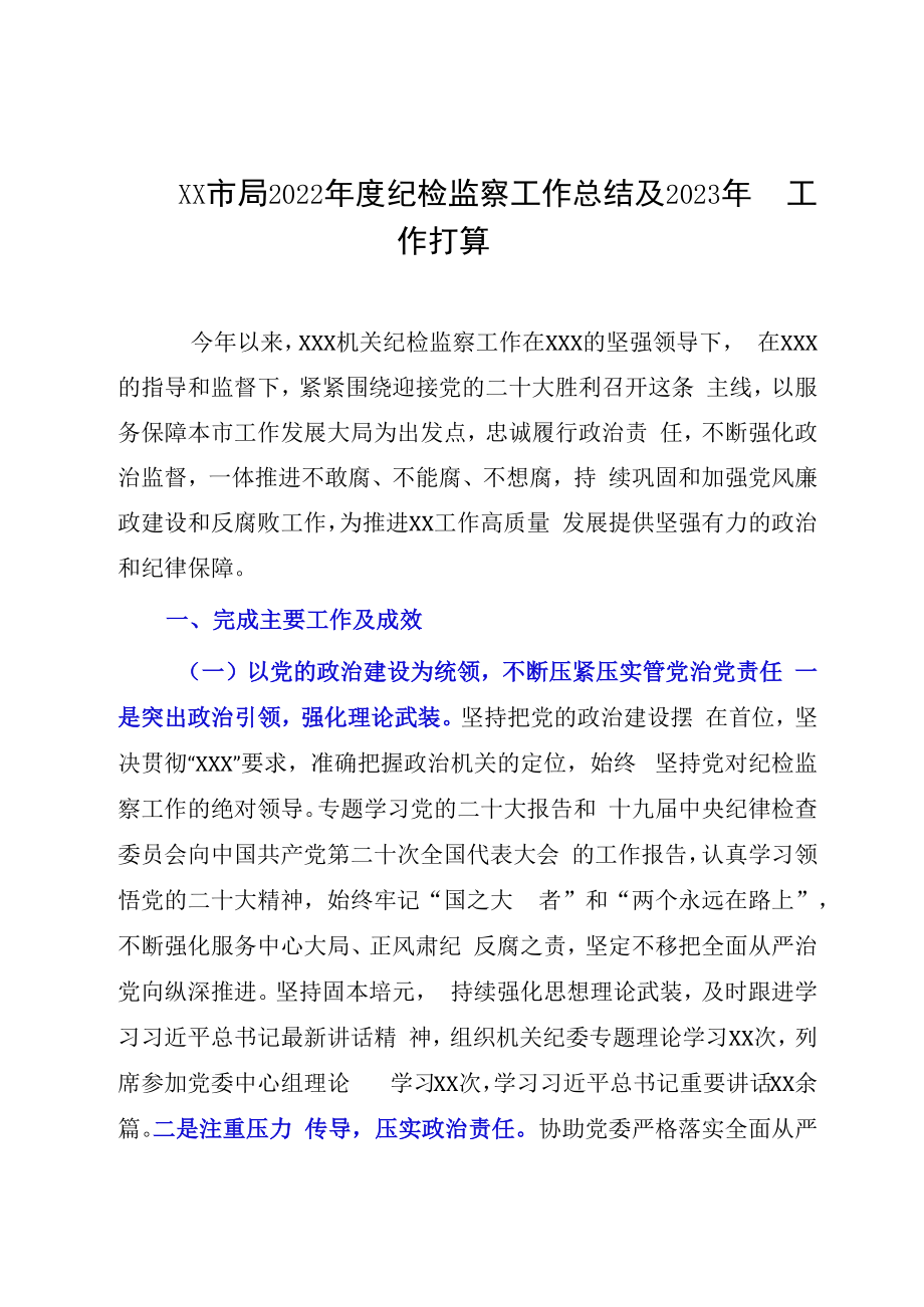 XX市局2023年度纪检监察工作总结及2023年工作打算.docx_第1页