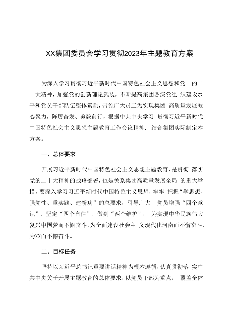 XX集团委员会学习贯彻2023年主题教育方案.docx_第1页