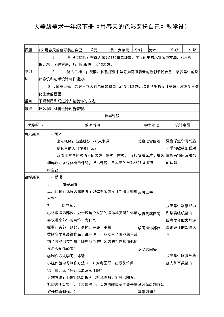 人美版美术一年级下册第十六课《用春天的色彩装扮自己》教案.docx_第1页