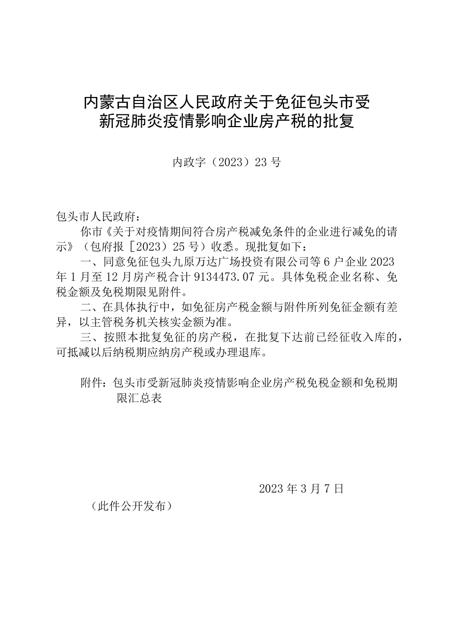 免征包头市受新冠肺炎疫情影响企业房产税的批复.docx_第1页