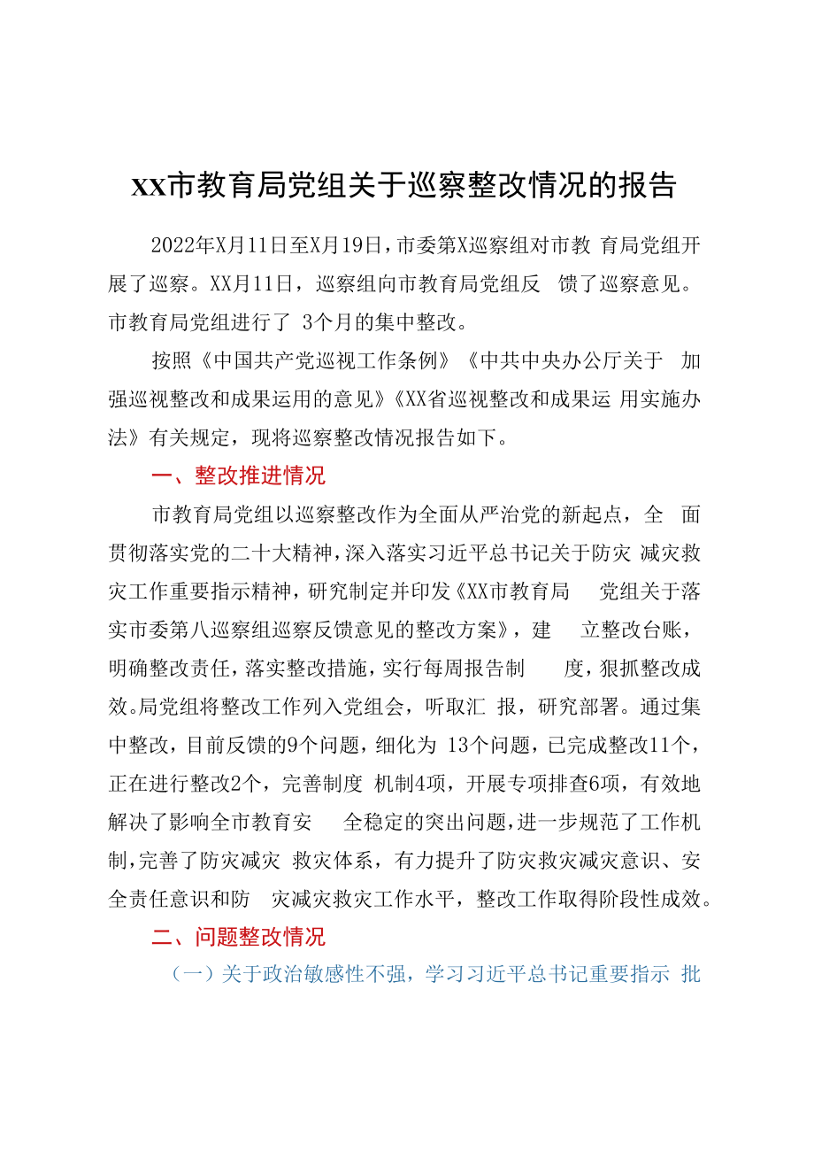 XX市教育局党组关于巡察整改情况的报告.docx_第1页