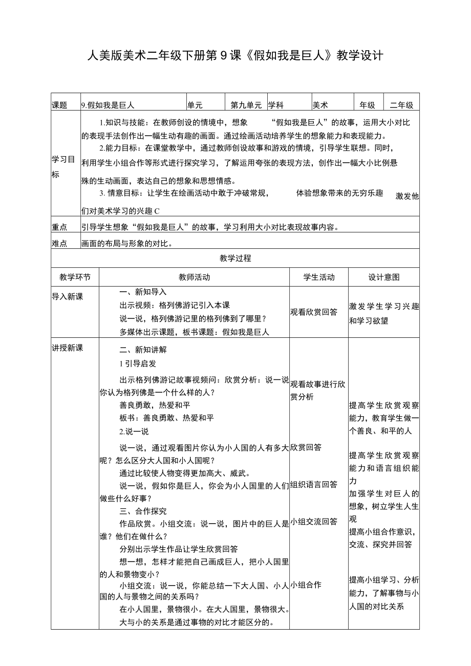 人美版美术二年级下册第九课《假如我是巨人》教案.docx_第1页