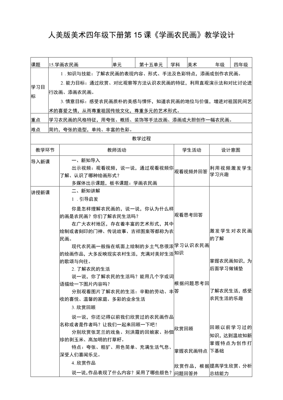 人美版 美术 四年级下册 第十五课《学画农民画》教案.docx_第1页