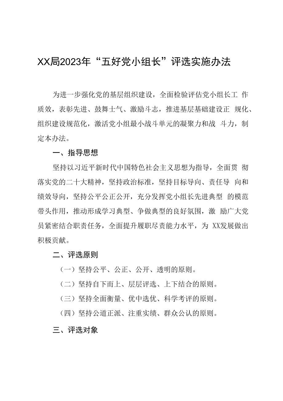 XX局2023年五好党小组长评选实施办法.docx_第1页