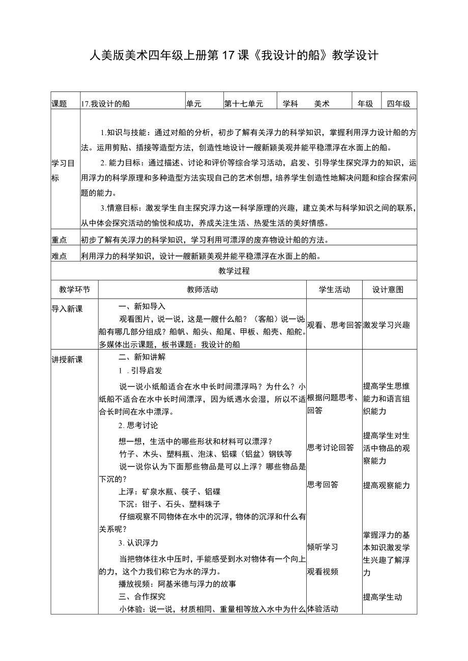 人美版 美术 四年级上册 第十七课《我设计的船》教案.docx_第1页