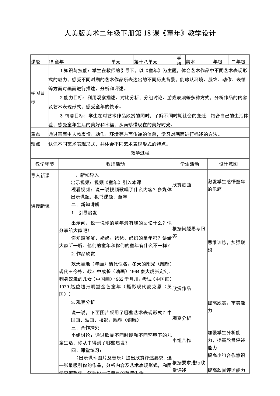 人美版美术二年级下册第十八课《童年》教案.docx_第1页