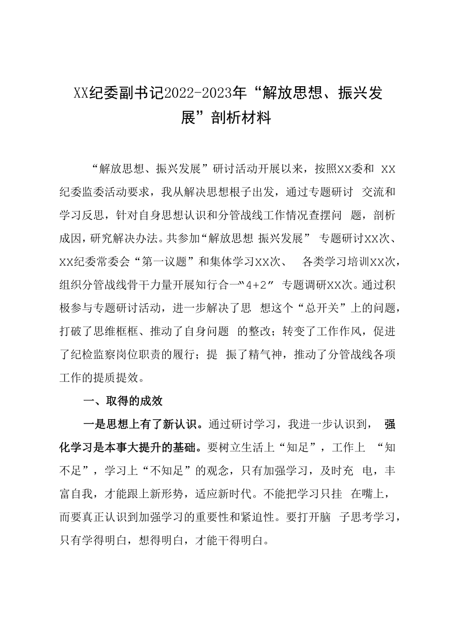 XX纪委副书记20232023年解放思想振兴发展剖析材料.docx_第1页