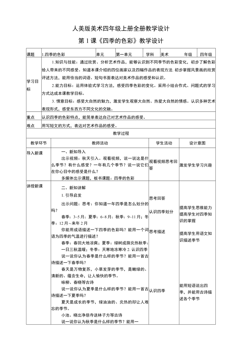 人美版美术四年级上册全册教学设计教案.docx_第1页