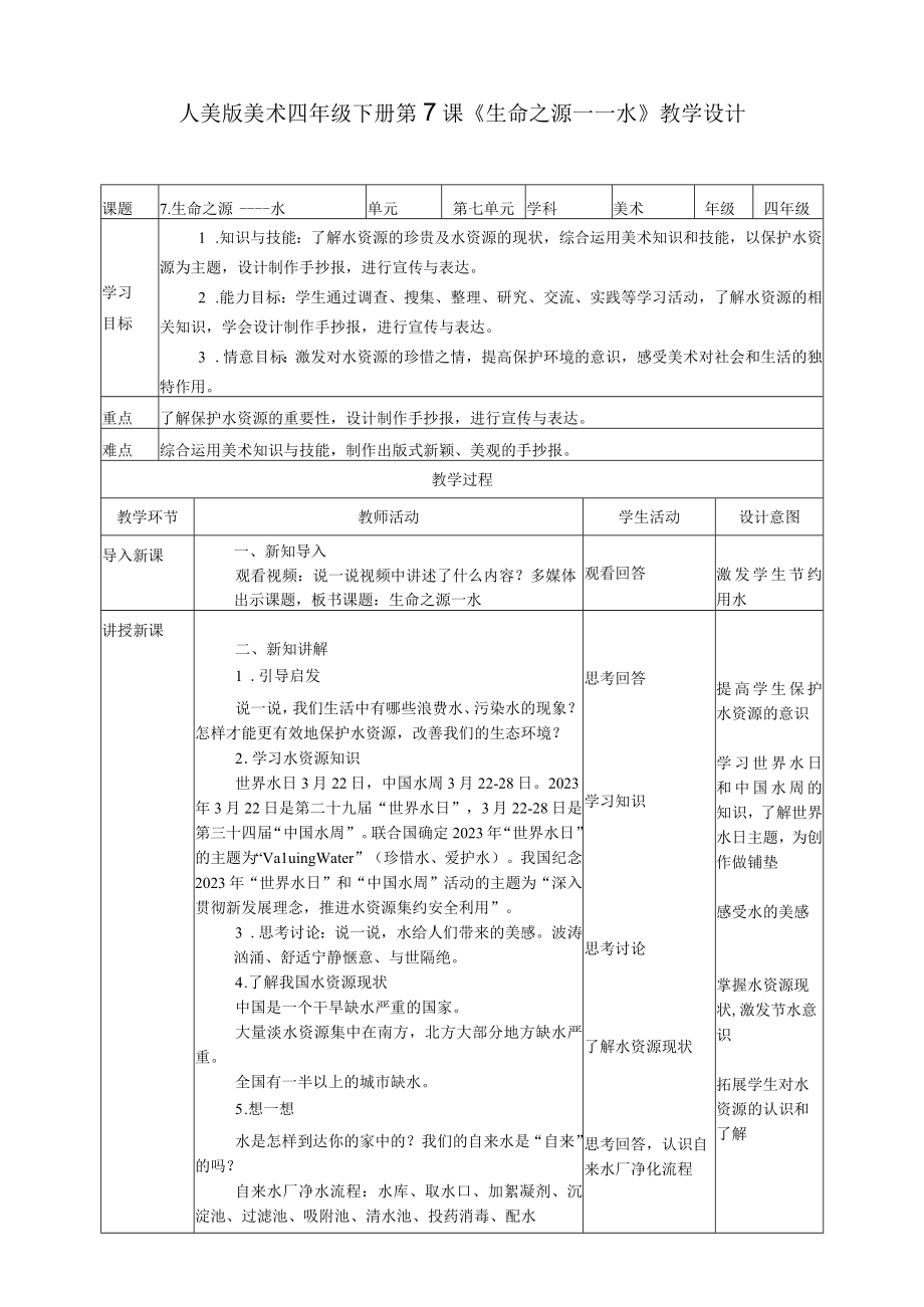 人美版美术四年级下册第七课《生命之源——水》教案.docx_第1页