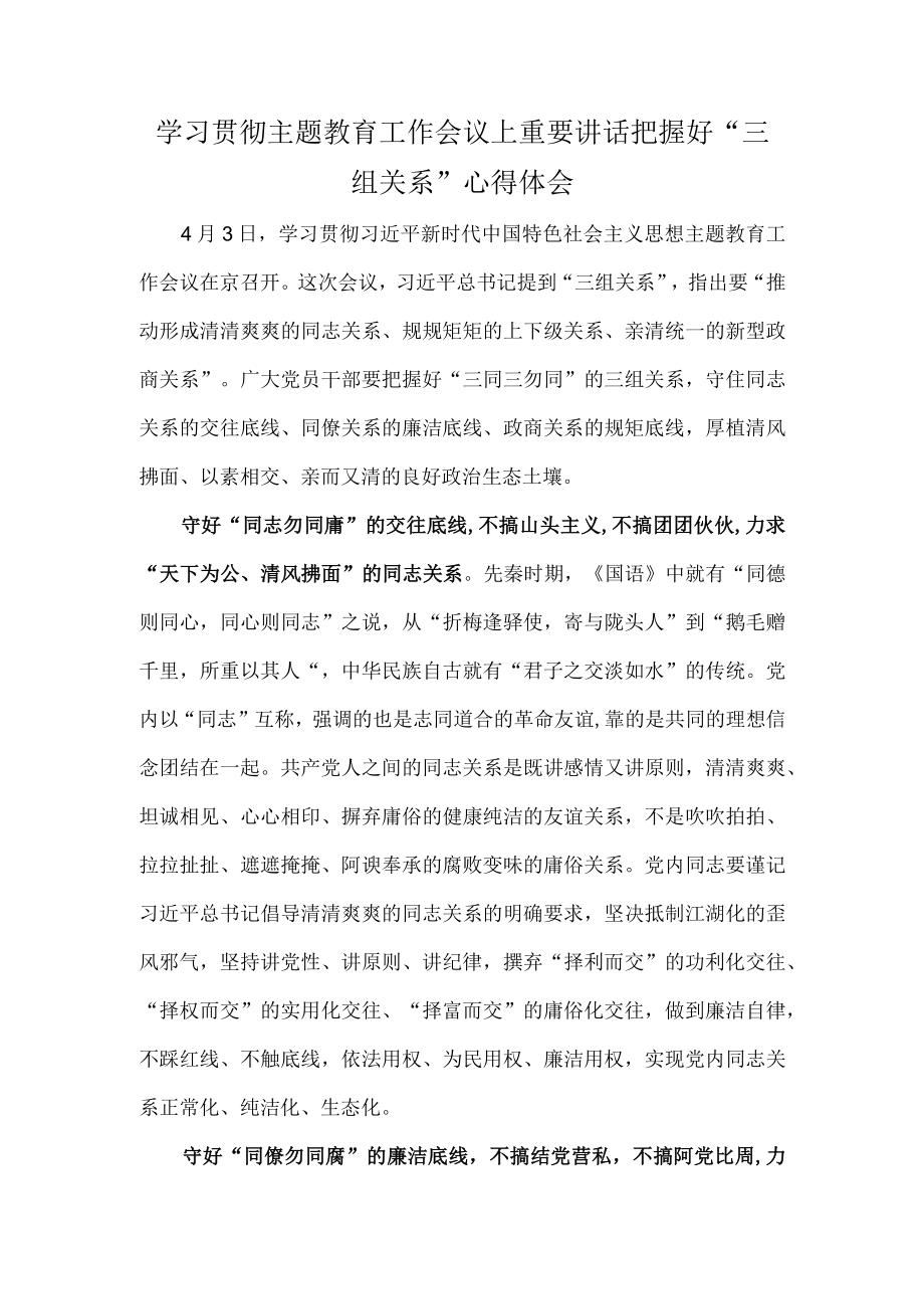 学习贯彻主题教育工作会议上重要讲话把握好“三组关系”心得体会.docx_第1页