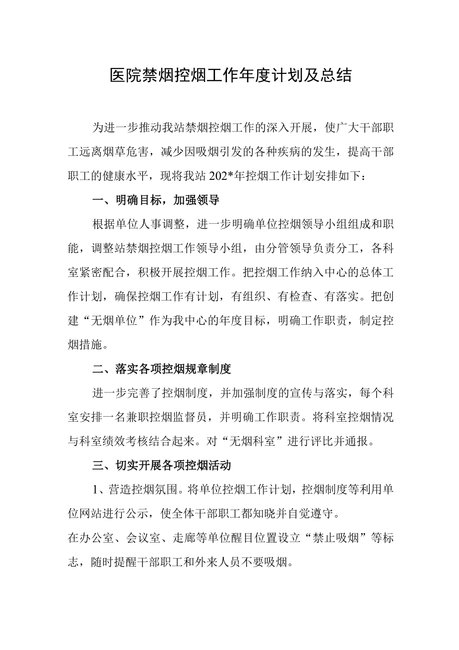 医院禁烟控烟工作年度计划及总结.docx_第1页