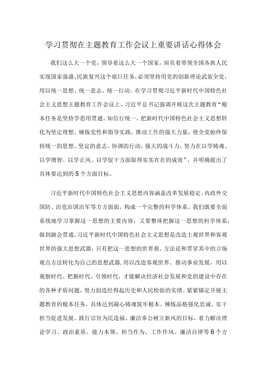 学习贯彻在主题教育工作会议上重要讲话心得体会.docx_第1页