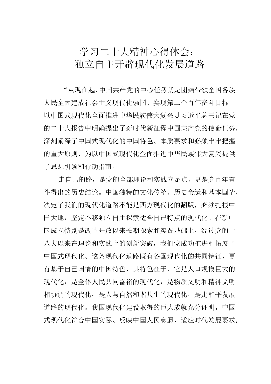 学习二十大精神心得体会：独立自主开辟现代化发展道路.docx_第1页